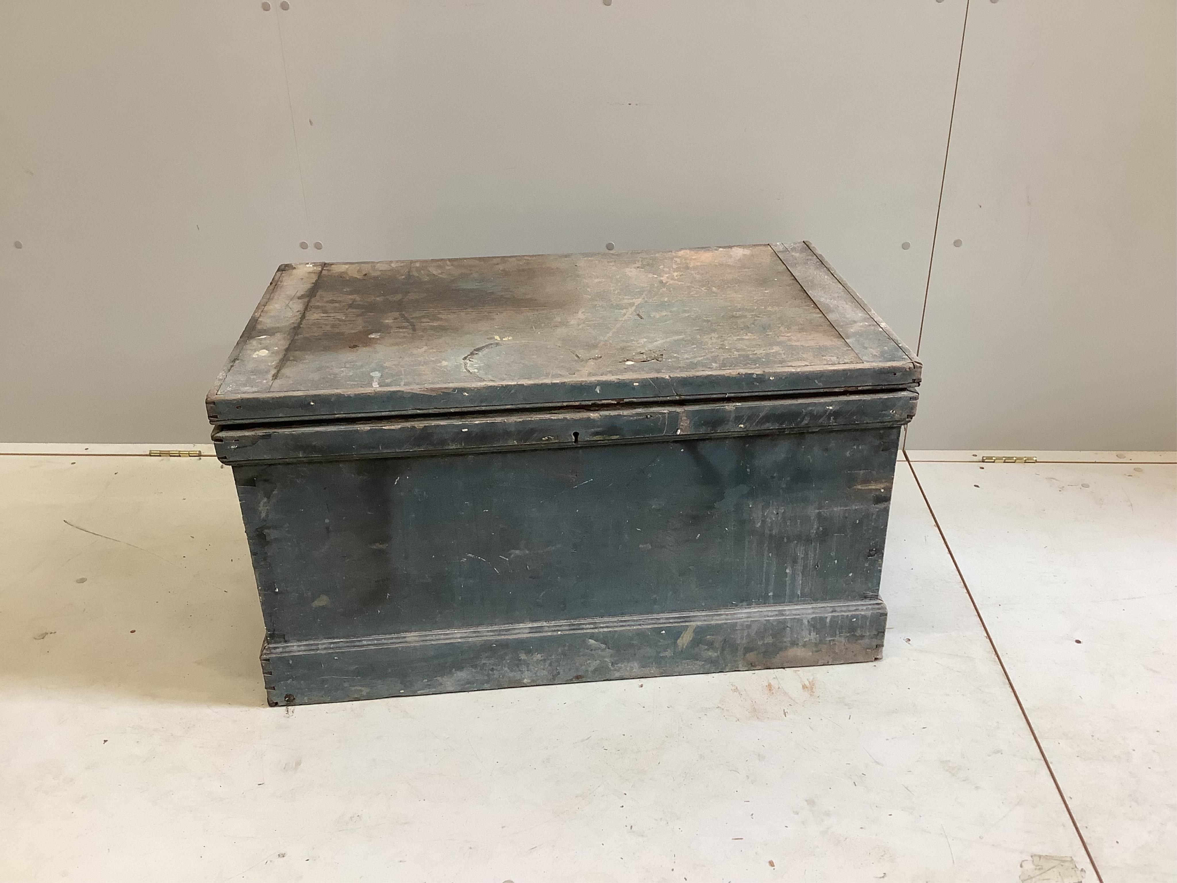 A Victorian painted pine trunk, width 94cm, depth 58cm, height 52cm. Condition - poor